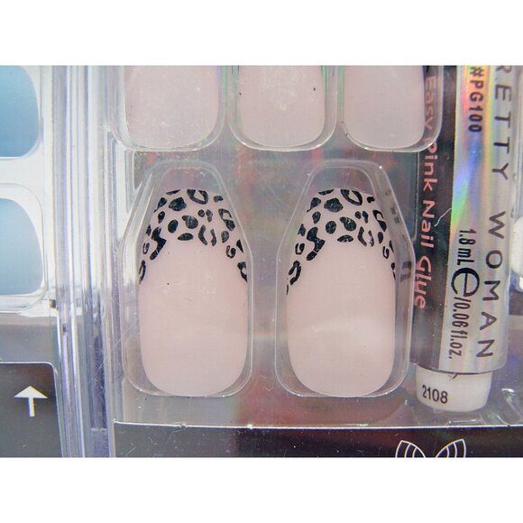 Lot 5 Pretty Woman Kiss Press on Glue Nails New Box Leopard White Blue Coffin - Picture 9 of 14
